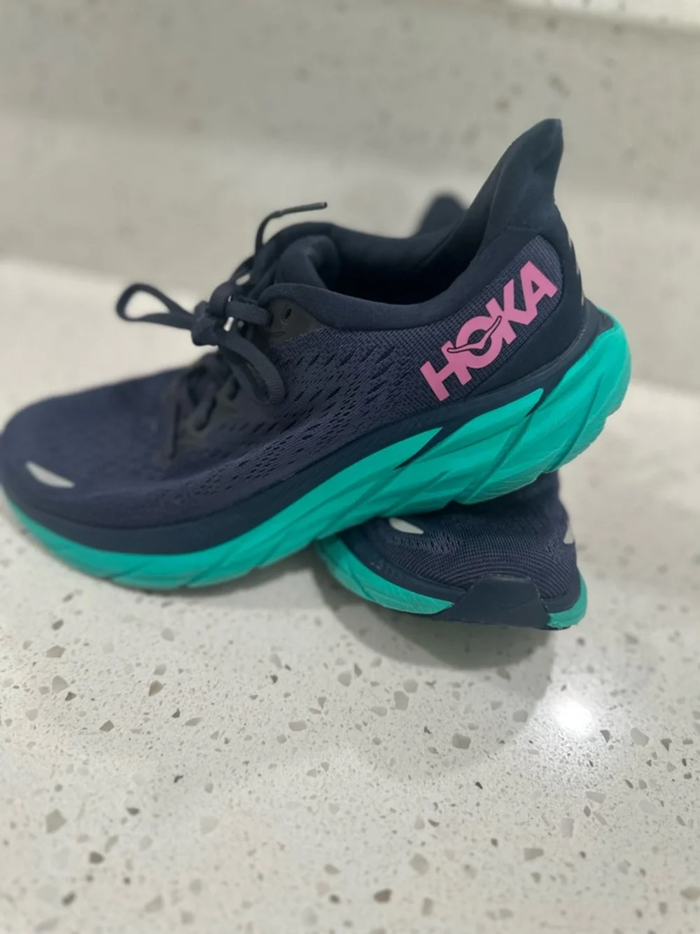 Hoka Women's Navy Blue Teal Running Shoes with Pink Logo - Picture 12 of 15